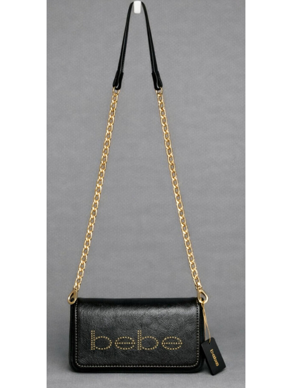 BEBE Naomi Saffiano Leather Crossbody Wallet Purse Black Gold Chain Logo NWT